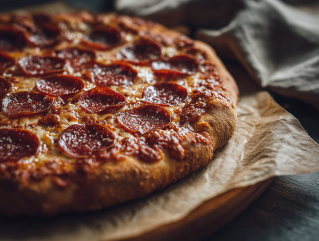 A freshly baked pepperoni pizza sits on a wooden board, showcasing its golden crust and melted cheese. This appetizing dish is perfect for food lovers and pizza enthusiasts. ai generated.の素材