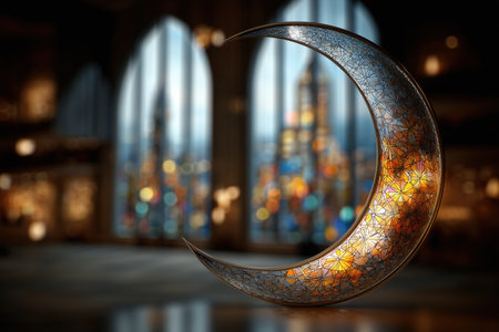 A beautifully crafted crescent moon ornament set against a backdrop of stained glass windows. This image captures the essence of spirituality and religious symbolism, making it ideal for various themes related to faith and culture. ai generated.の素材