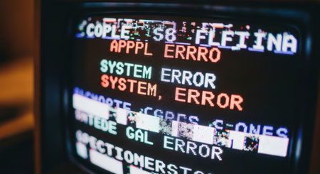 A close-up of a vintage computer monitor displaying various error messages. The screen shows a nostalgic representation of technology and system failures. ai generated.の素材