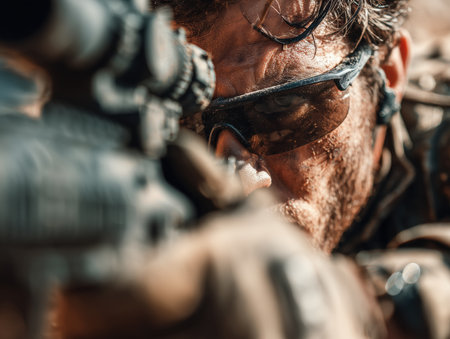 A close-up of a hero soldier aiming a sniper rifle, showcasing intense focus and determination. The soldier is equipped with tactical gear and protective eyewear, set against a rugged background.ai generated.の素材