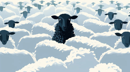 A striking illustration of a black sheep standing out among a flock of white sheep in a serene pastoral setting. This image symbolizes individuality and uniqueness in a sea of conformity.ai generated.の素材