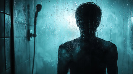 A dramatic silhouette of a person standing in a shower, surrounded by steam and water droplets on the glass. The blue lighting creates a moody atmosphere, emphasizing the contrast between light and shadow.ai generated.の素材
