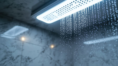 A close-up view of a modern shower head releasing water droplets in a stylish bathroom setting. The sleek design and marble background create a luxurious atmosphere.ai generated.の素材