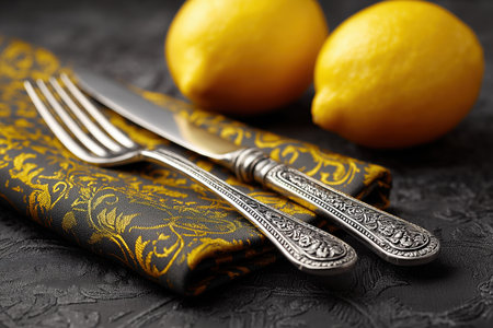 A beautifully arranged table setting featuring ornate silverware placed on a decorative napkin, accompanied by fresh lemons. This composition highlights a blend of elegance and freshness, perfect for culinary or dining-related themes.ai generated.の素材