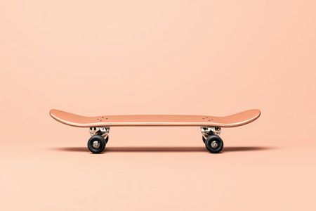 A stylish, minimalist skateboard displayed against a soft pink background. The design emphasizes the skateboard's smooth lines and modern aesthetic, making it perfect for lifestyle and sports-related themes.ai generated.の素材