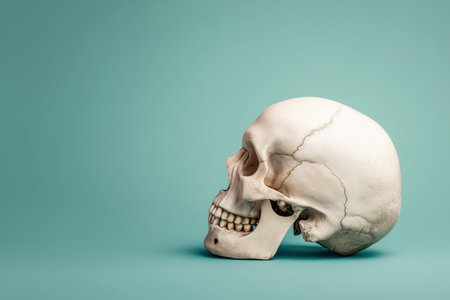 A detailed and realistic human skull displayed against a turquoise background. The skull features visible cracks and textures, making it suitable for educational and artistic purposes.ai generated.の素材