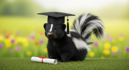 A cute skunk wearing a graduation cap sits on a grassy field, holding a diploma. The colorful floral background adds a cheerful touch to the scene, symbolizing achievement and celebration.ai generated.の素材