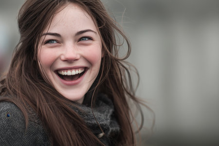 A joyful young woman with long hair smiles brightly, showcasing her happiness. The soft background emphasizes her cheerful expression and natural beauty.ai generated.の素材
