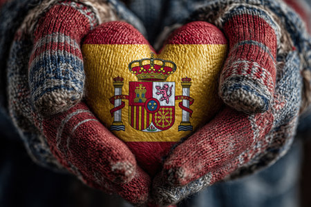 A pair of hands holding a heart-shaped stone painted with the Spanish flag. The hands are covered in warm, knitted gloves, emphasizing a cozy and heartfelt theme. This image symbolizes love and pride for Spain. ai generated.の素材