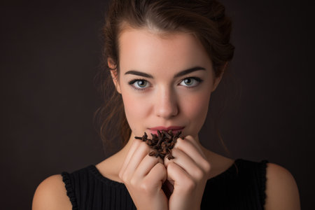 A close-up portrait of a young woman holding dried flowers close to her face. The soft lighting and neutral background create an intimate and artistic atmosphere. ai generated.の素材