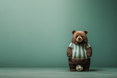 A charming bear dressed in a striped sports jersey stands confidently on a wooden surface with a soccer ball at its feet. The soft color background adds a whimsical touch to this playful scene. ai generated.の素材