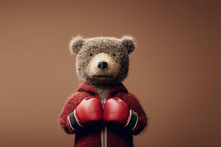 A charming bear character dressed in a red hoodie and boxing gloves, set against a neutral background. This whimsical image captures the playful spirit of a bear ready for a boxing match. ai generated.の素材