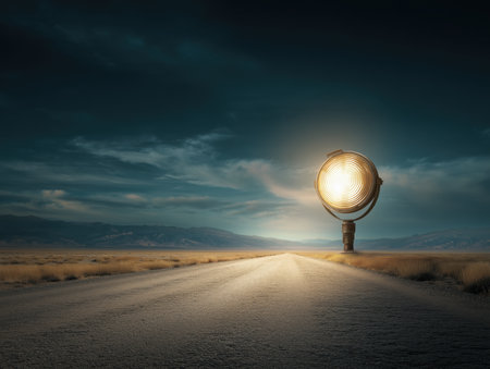 A large spotlight illuminates a deserted road under a dramatic sky. The scene captures a sense of isolation and mystery in a vast landscape. ai generated.の素材