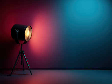 A modern spotlight on a tripod stands against a gradient background of red and blue hues. This image captures the essence of contemporary lighting design, perfect for creative projects. ai generated.の素材