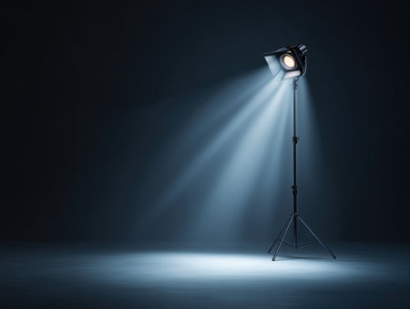 A professional studio spotlight emits beams of light in a dark environment. The setup creates a dramatic and moody atmosphere, ideal for photography and videography projects. ai generated.の素材