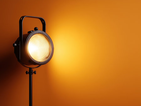 A vintage-style spotlight illuminates a warm orange wall, creating a dramatic effect. The sleek design of the spotlight adds a touch of elegance to the scene. ai generated.の素材