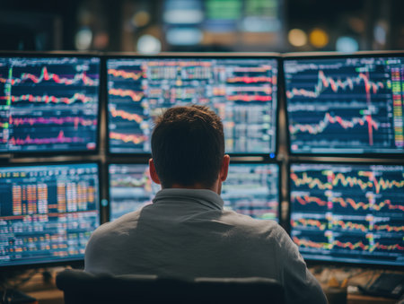 A focused trader analyzes stock market data displayed on multiple screens. The vibrant graphs and charts illustrate market trends and fluctuations in real-time, showcasing the intensity of financial trading environments. ai generated.の素材