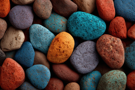 A close-up view of a variety of colorful decorative pebbles and stones. These vibrant stones feature different textures and hues, making them ideal for landscaping, crafts, or artistic projects. ai generated.の素材