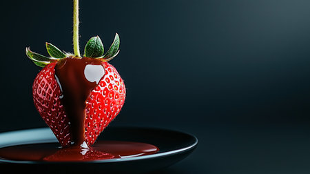 A fresh strawberry partially dipped in rich chocolate sauce, resting on a sleek black plate. The dark background enhances the vibrant colors and textures, making it an enticing dessert image. ai generated.の素材