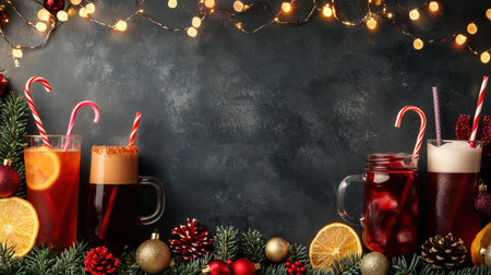 A beautifully arranged display of festive holiday drinks, including colorful cocktails and garnishes, set against a dark background. The scene is enhanced with twinkling lights and seasonal decorations, perfect for holiday-themed projects. ai generated.の素材