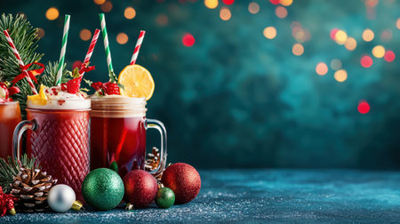 A vibrant display of festive holiday drinks garnished with fruits and greenery, set against a blurred background of colorful lights. The arrangement includes decorative ornaments and pinecones, creating a cheerful atmosphere perfect for the holiday season. ai generated.の素材