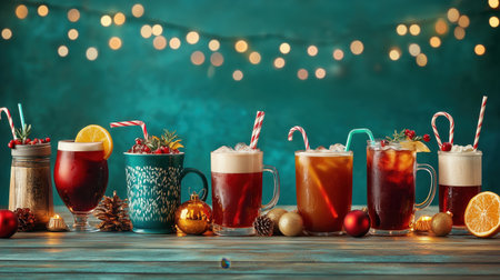 A vibrant display of various holiday-themed beverages arranged on a rustic wooden table. The background features soft bokeh lights, creating a festive atmosphere perfect for seasonal celebrations. ai generated.の素材