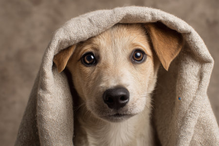 A charming dog with expressive eyes is wrapped in a soft blanket, creating an adorable and heartwarming scene. This image captures the playful yet gentle nature of pets, perfect for animal lovers. ai generated.の素材