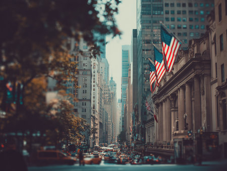 A bustling city street lined with skyscrapers and American flags. The scene captures the vibrant urban life, showcasing vehicles and pedestrians amidst a backdrop of modern architecture. ai generated.の素材