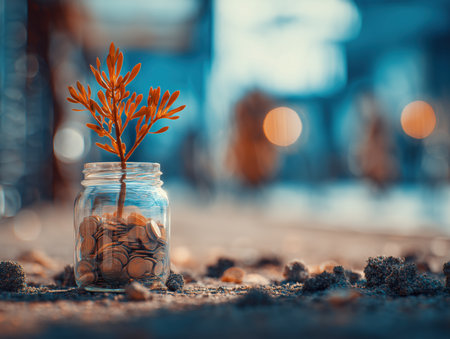 A small plant emerges from a jar filled with coins, symbolizing growth and prosperity. The blurred background creates a dreamy atmosphere, enhancing the focus on the jar and plant. ai generated.の素材