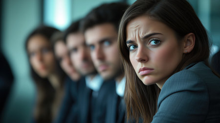 A group of professionals in a serious business meeting, with one woman showing a concerned expression. The atmosphere reflects tension and focus among the attendees. ai generated.の素材
