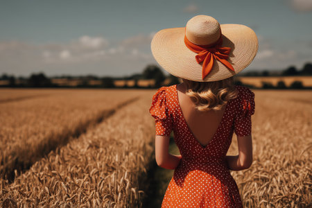 A woman in a vibrant orange dress and a wide-brimmed hat strolls through a golden wheat field under a clear blue sky. The scene captures the essence of summer and rural beauty. ai generated.の素材