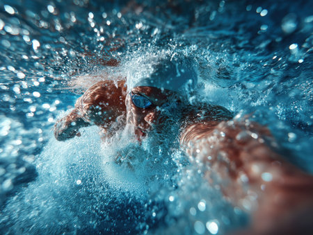 An underwater perspective captures the dynamic movement of a swimmer. The image showcases splashes and bubbles, highlighting the energy and excitement of aquatic sports. ai generated.の素材