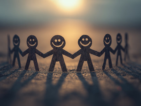 This image depicts a group of paper figures holding hands, symbolizing teamwork and collaboration. The warm sunlight in the background adds a positive and uplifting atmosphere to the scene. ai generated.の素材