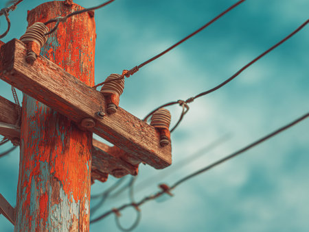 This image features a close-up view of a weathered telegraph pole with wires against a vibrant sky. The rustic texture and colors of the pole highlight the passage of time and the role of telecommunication infrastructure. ai generated.の素材