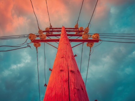 A striking view of telegraph poles reaching towards a vibrant sky. The image captures the intricate details of the wooden poles and the electrical wires against a backdrop of dynamic clouds. ai generated.の素材