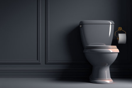 A sleek modern toilet positioned against a dark wall, showcasing a minimalist bathroom design. The elegant lines and color scheme create a sophisticated atmosphere. ai generated.の素材