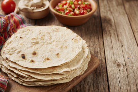 A stack of freshly made tortillas served on a wooden board alongside colorful toppings. This image captures the essence of traditional cooking and the joy of sharing meals with family and friends. ai generated.の素材