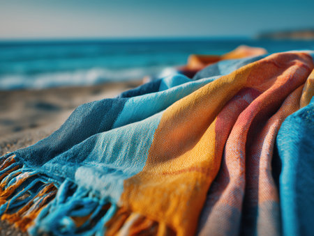 A vibrant beach blanket draped on the sand, with the ocean in the background. The blanket features a blend of warm and cool colors, perfect for a relaxing day by the sea. ai generated.の素材
