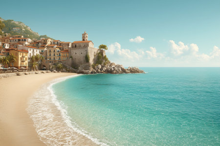 This picturesque coastal scene features a sandy beach with gentle waves lapping at the shore, framed by a charming historic town. The clear turquoise waters and bright sky create a serene atmosphere, perfect for travel and vacation themes. ai generated.の素材