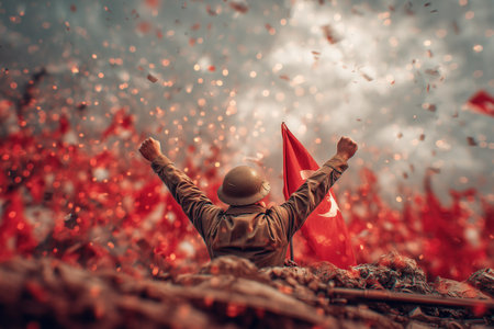 A soldier raises their arms in celebration amidst a sea of red flags, set against a dramatic sky. The image captures a powerful moment of triumph and patriotism. ai generated.の素材