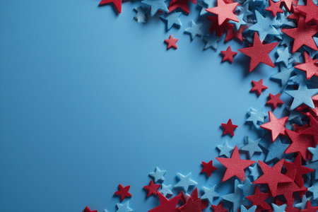 A vibrant arrangement of red and blue stars on a blue background, perfect for celebrating the fourth of July. This festive image captures the spirit of independence day decorations and celebrations. ai generated.の素材