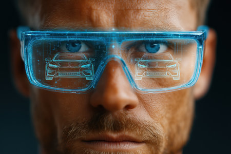 A close-up of a person wearing futuristic AI glasses that project a hologram of a car. The glasses feature a digital interface, emphasizing advanced technology and innovation in automotive design. ai generated.の素材