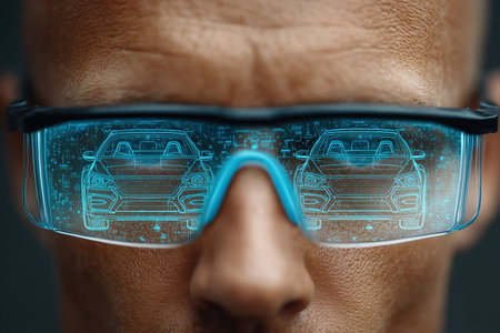 A close-up view of futuristic AI glasses displaying a holographic image of cars. The innovative design showcases technology merging with automotive visuals, emphasizing the future of augmented reality. ai generated.の素材