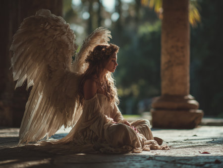 a beautiful angel with large wings sits gracefully in a tranquil setting, illuminated by soft natural light. The scene evokes a sense of peace and spirituality, perfect for themes of hope and divinity. ai generated.の素材