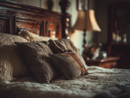 A beautifully arranged bed featuring soft pillows and a textured blanket, creating a warm and inviting atmosphere. The warm lighting enhances the cozy feel of the bedroom. ai generated.の素材