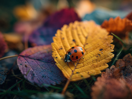 A close-up of a ladybug resting on a vibrant yellow leaf among colorful autumn foliage. The image captures the essence of fall with its rich hues and natural beauty. ai generated.の素材