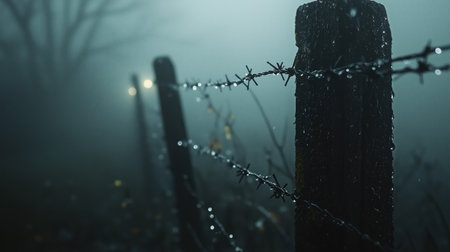 A serene yet eerie scene featuring a barbed wire fence in a foggy environment. Dewdrops glisten on the wire, enhancing the atmospheric mood of the landscape. ai generated.の素材