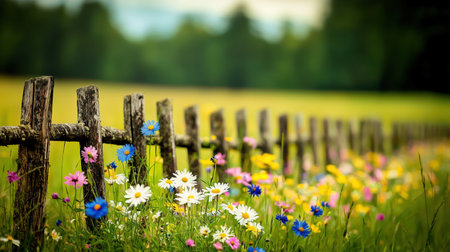 A picturesque scene featuring a rustic wooden fence adorned with vibrant wildflowers. The lush green field and soft background create a serene and tranquil atmosphere. ai generated.の素材