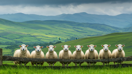 a group of sheep stands in a row against a backdrop of rolling green hills. the serene landscape features a cloudy sky, creating a peaceful rural scene. ai generated.の素材