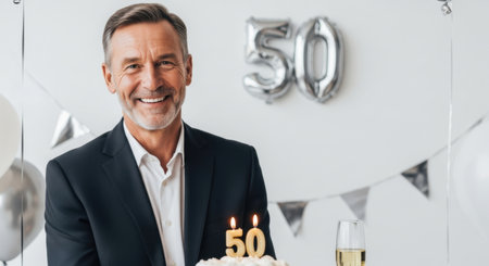 A joyful man celebrates his 50th birthday with a cake and festive decorations. The scene captures the essence of a milestone birthday celebration filled with happiness and cheer. ai generated.の素材